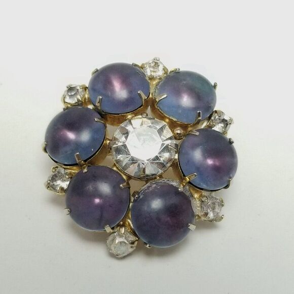 Vintage Purple Blue Cabochon Rhinestone Cluster Brooch, Retro 70s Style Estate - Picture 2 of 6